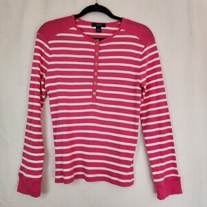 Chaps Womens Blouse L Pink striped pullover stretch top classic preppy logo